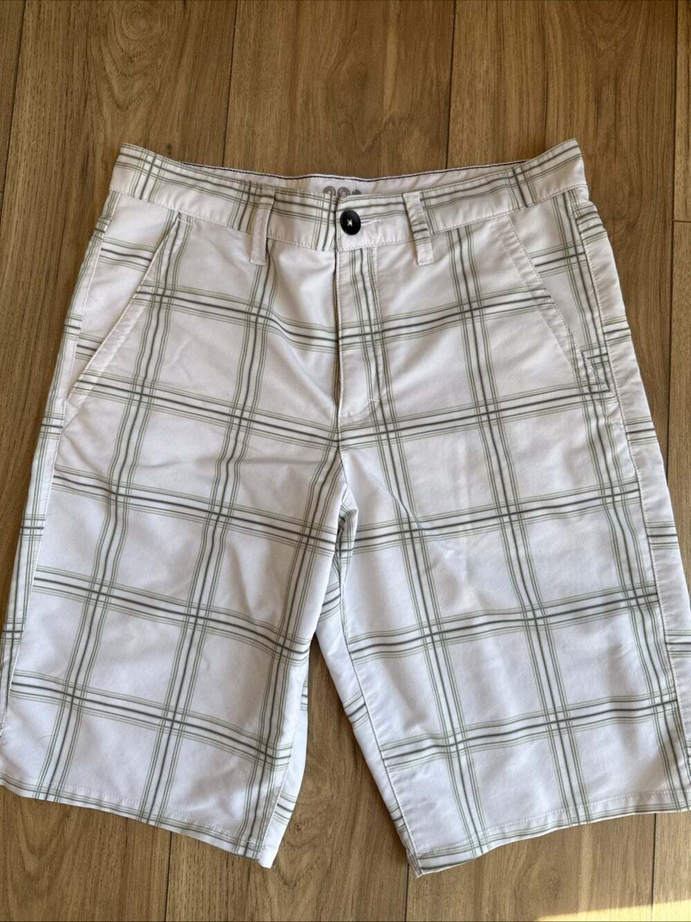 Tony Hawk Mens Size 31 Plaid Board Shorts Bermuda Pockets Green White Skateboard